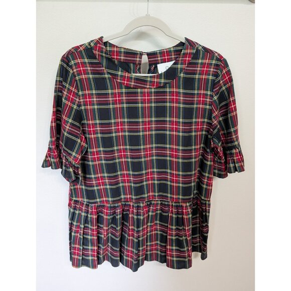 Laroque Tops - LaRoque Orginal Tartan Print Peplum Ruffle Short Sleeve Top Sz L Preppy Holiday